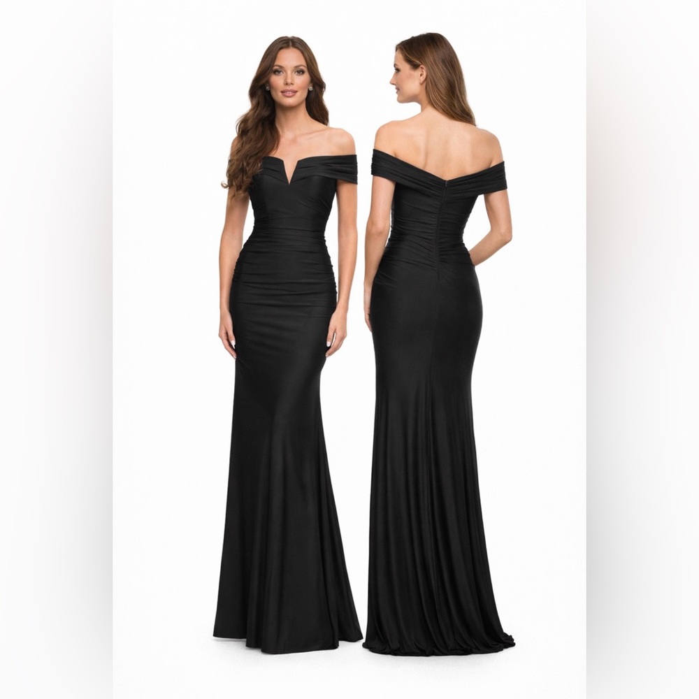 La Femme 30582 Evening Dress 16 Gown Off Shoulder Black Ruched Formal Gala $398